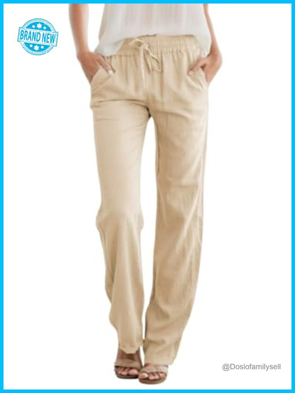 Womens Linen High Waist Pants Drawstring Loose Fit Summer Trousers Side Pockets